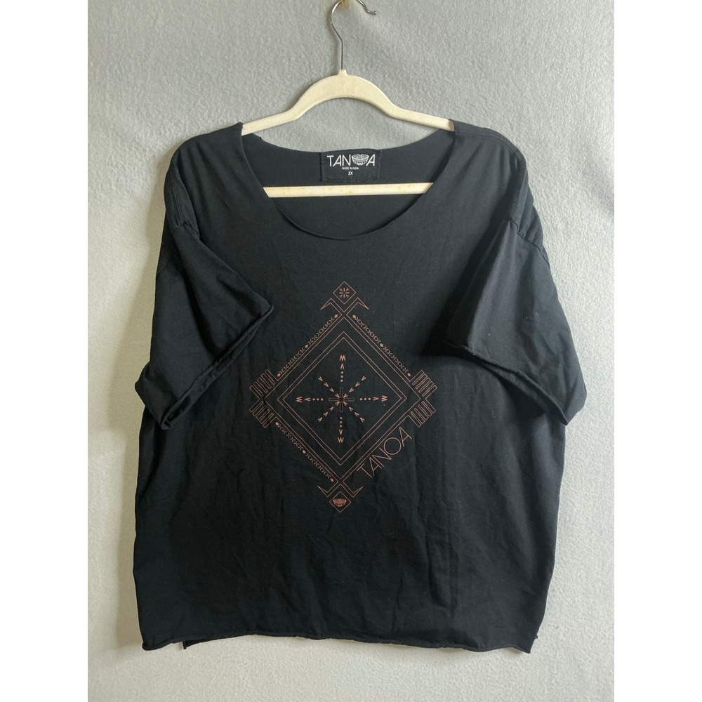 Tanoa Top Women's 3X Graphic Tee Boxy Oversized Top Short Sleeve Black Boho